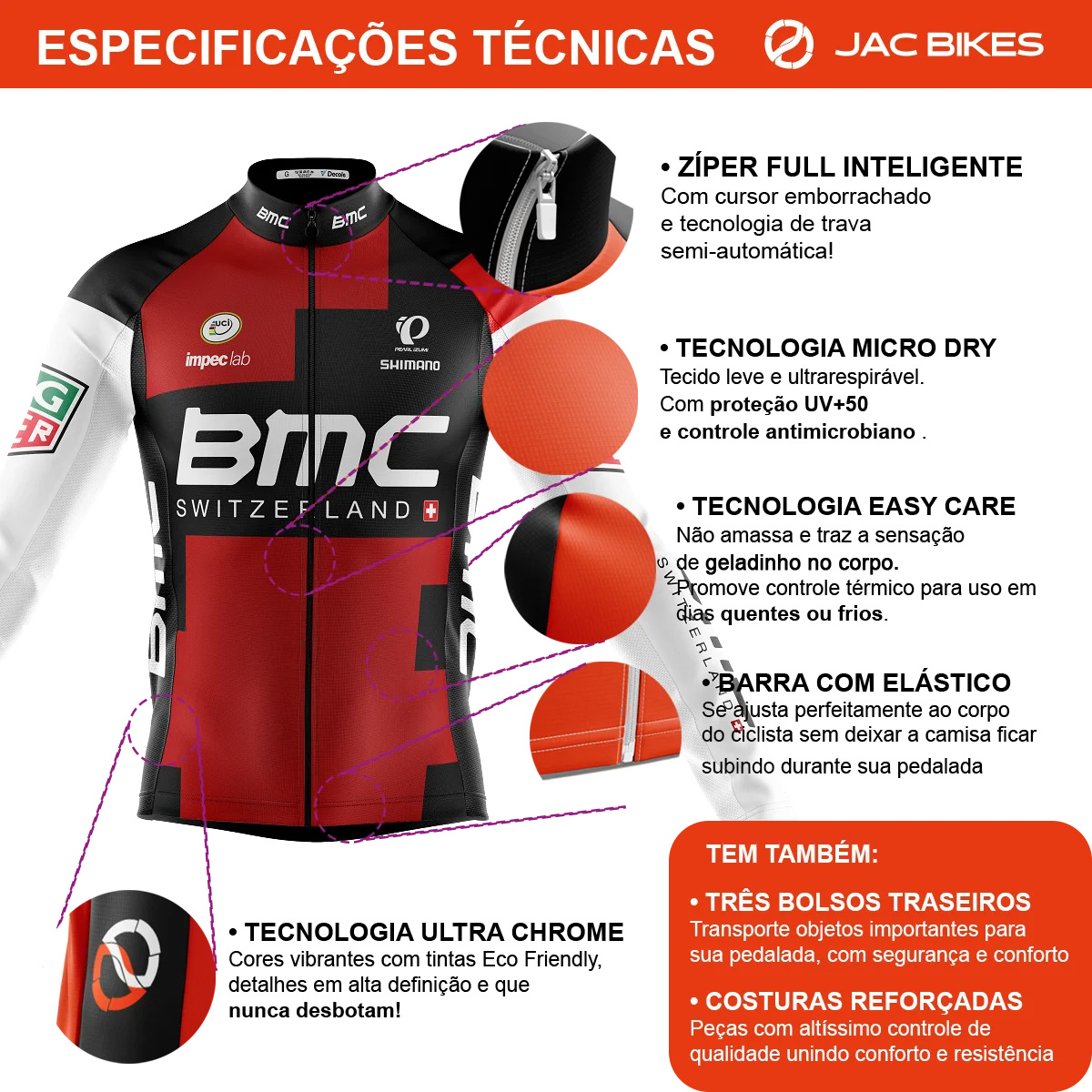 Camisa Ciclismo BMC Manga Longa Zíper Full Fitness Dry Fit Decole - Image 4