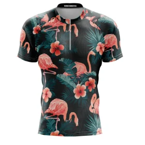 Camisa Floral Flamingo Ciclismo Preta Bike Dry Fit Curta Mtb