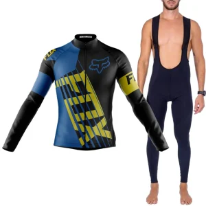 Kit Bretelle Gel Camisa Longa Ciclismo Fox Azul Dryfit Uv