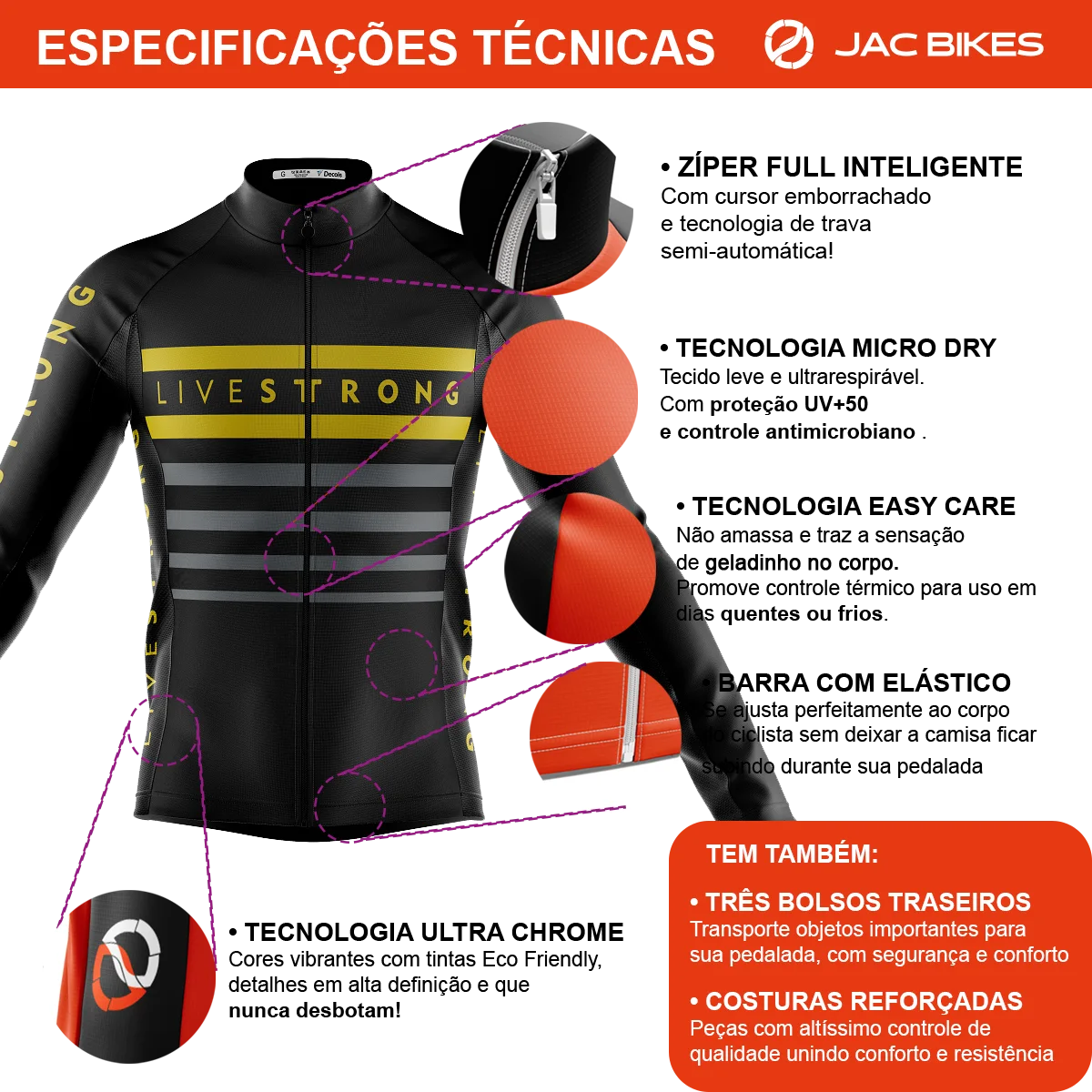 Kit Livestrong Faixas Gel Camisa Longa Ciclismo Livstrong Listra Dryfit Bike - Image 4