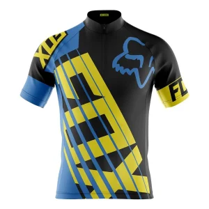 Camisa Ciclismo Fox Azul Manga Curta Meio Zíper Proteção UV Dry Fit