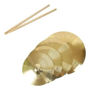 Conjunto De Pratos Para Bateria Dourado 4 Peças + Baquetas